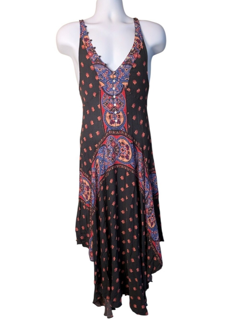 Free People Faithfully Yours Midi Dress Asymmetrical Hem Boho Print size Small